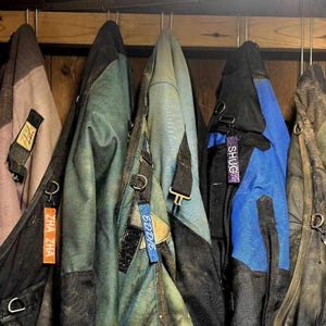 May include: A row of jackets in various colors, including brown, green, and blue, hang from hooks. Each jacket has a tag with a name, such as "LADY", "COLE", and "SHUG". The jackets appear to be made of durable materials.