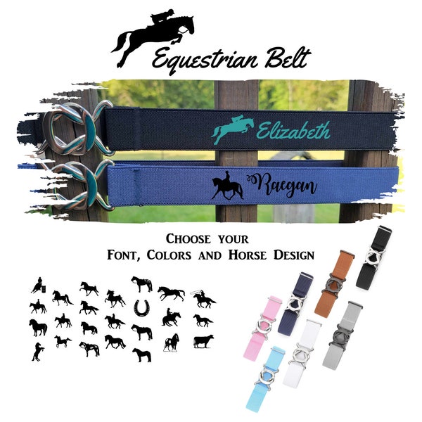 Personalized Horse Belt, Equestrian Belt, Horse gift, Monogram horse belt, horse riding belt, elastic adjustable belt, horse show apparel