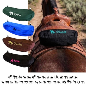May include: A collection of personalized saddle bags in green, blue, brown, and black, each featuring a horse silhouette and a name. One black bag is attached to a brown leather saddle. A bottom row displays various horse and rider silhouettes.