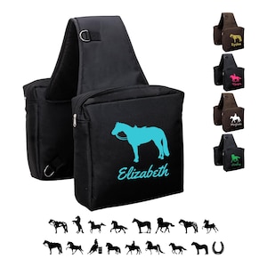 May include: Black saddle bag with a turquoise horse silhouette and the name "Elizabeth". Additional saddle bags in brown, black, and green are displayed. A collection of horse silhouettes is shown below.