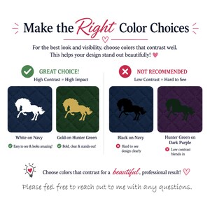 Puede incluir: Un gr&aacute;fico informativo titulado Make the Right Color Choices. Muestra cuatro cuadrados acolchados con siluetas de caballos: blanco sobre azul marino, oro sobre verde cazador, negro sobre azul marino y verde cazador sobre morado oscuro, ilustrando el contraste.