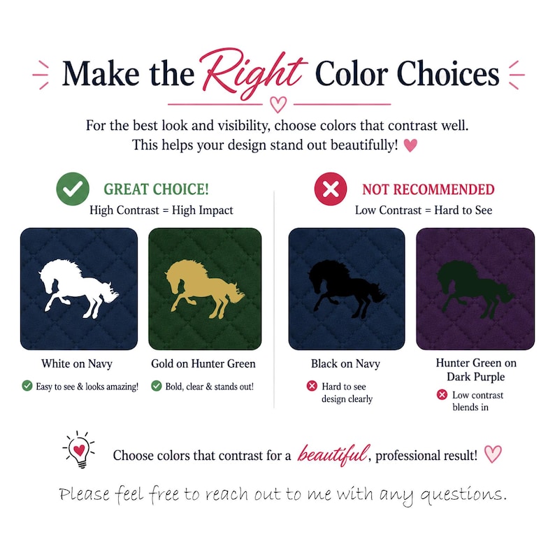 Puede incluir: Un gr&aacute;fico informativo titulado Make the Right Color Choices. Muestra cuatro cuadrados acolchados con siluetas de caballos: blanco sobre azul marino, oro sobre verde cazador, negro sobre azul marino y verde cazador sobre morado oscuro, ilustrando el contraste.