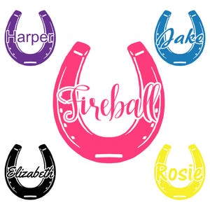 May include: Five horseshoe-shaped decals in purple, blue, pink, black, and yellow. The purple horseshoe says Harper, the blue says Jake, the pink says Fireball, the black says Elizabeth, and the yellow says Rosie in white script lettering.