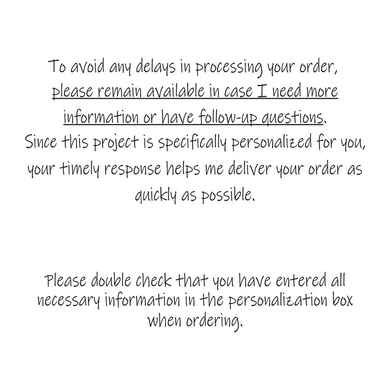 May include: White text on a white background provides instructions for order processing. The text emphasizes the importance of timely responses and double-checking personalization details to avoid delays and ensure quick delivery.