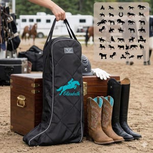May include: Black quilted equestrian boot bag with a turquoise horse and rider graphic, personalized with the name "Elizabeth." The image also shows riding boots, cowboy boots, a riding helmet, and a stencil with horse silhouettes.