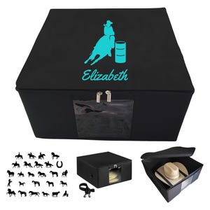 May include: Black storage box with a turquoise barrel racing design and the name "Elizabeth". The box has a clear window and silver zippers. Additional images show a hat storage box and horse silhouettes.