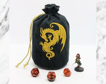 Dice Bag MEDIUM - Classic Dragon - Embroidered Suede w/Satin Lining Drawstring Bag, DnD