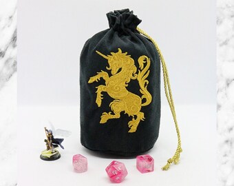 Dice Bag - Regal Unicorn - Medium Embroidered Suede w/ Satin Lining, Drawstring Bag, DnD