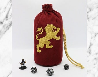 Dice Bag LARGE - Roaring Lion (Metallic) - Embroidered Suede w/Satin Lining Drawstring Bag, DnD