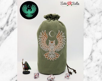 Glow in the Dark Owl Dice Bag - Large Embroidered Suede DnD Bag