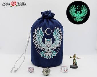 Glow in the Dark Owl Dice Bag – Embroidered Suede DnD Bag