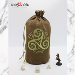 Dice Bag LARGE - Celtic Triskelion - Embroidered Suede w/ Satin Lining Drawstring Bag, DnD
