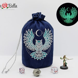 Glow in the Dark Owl Dice Bag – Embroidered Suede DnD Bag