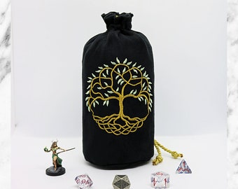 Large Dice Bag - Tree of Life - Embroidered Suede w/ Satin Lining Drawstring Bag, DnD