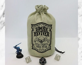 Dice Bag MEDIUM - Zombie Tonic - Embroidered Suede w/ Satin Lining Drawstring Bag, DnD