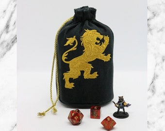 Dice Bag - Roaring Lion - Medium Embroidered Suede w/Satin Lining Drawstring Bag, DnD