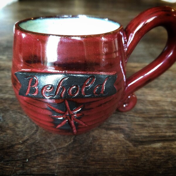 Behold star mug handmade stoneware pottery rich burgundy glaze mug