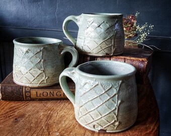 Baby Blue Lattice Mug - Handmade stoneware pottery soft blue and green teacup coffee mug