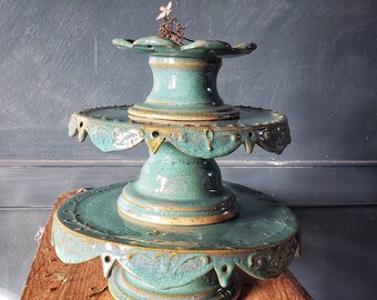 Pottery stoneware cake stands in bright turquoise handthrown