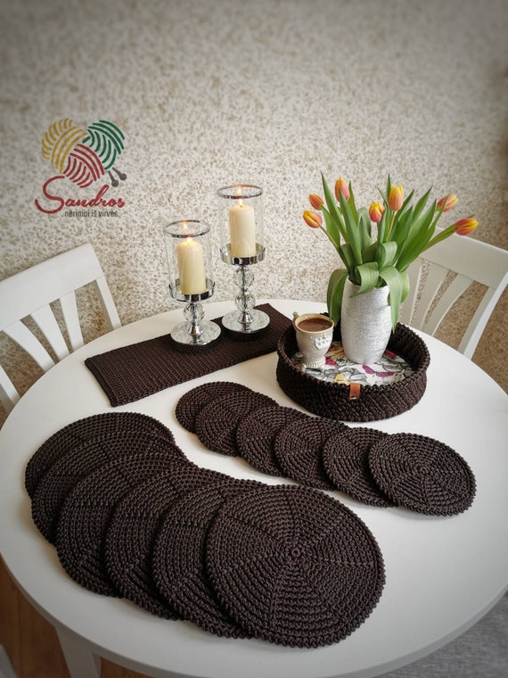 Dark Chocolate Crochet Set Round Woven, Placemats For A Round Table