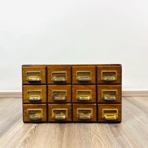 Könnte beinhalten: Ein Vintage-Holzschrank mit zwölf Schubladen. Jede Schublade hat einen Messinggriff und einen Etikettenhalter. Der Schrank ist aus dunklem Holz gefertigt und steht auf einem Holzboden.