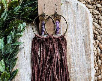 XL Amethyst and Brass Moon Leather Fringe Boho Hoop Earrings, Fringe Leather Earrings, Fringe Boho Earrings, Tassel Earrings