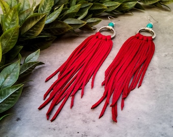 Boho Western Red Leather Fringe Earrings, Fringe Leather Earrings, Fringe Boho Earrings, Hoop Earrings