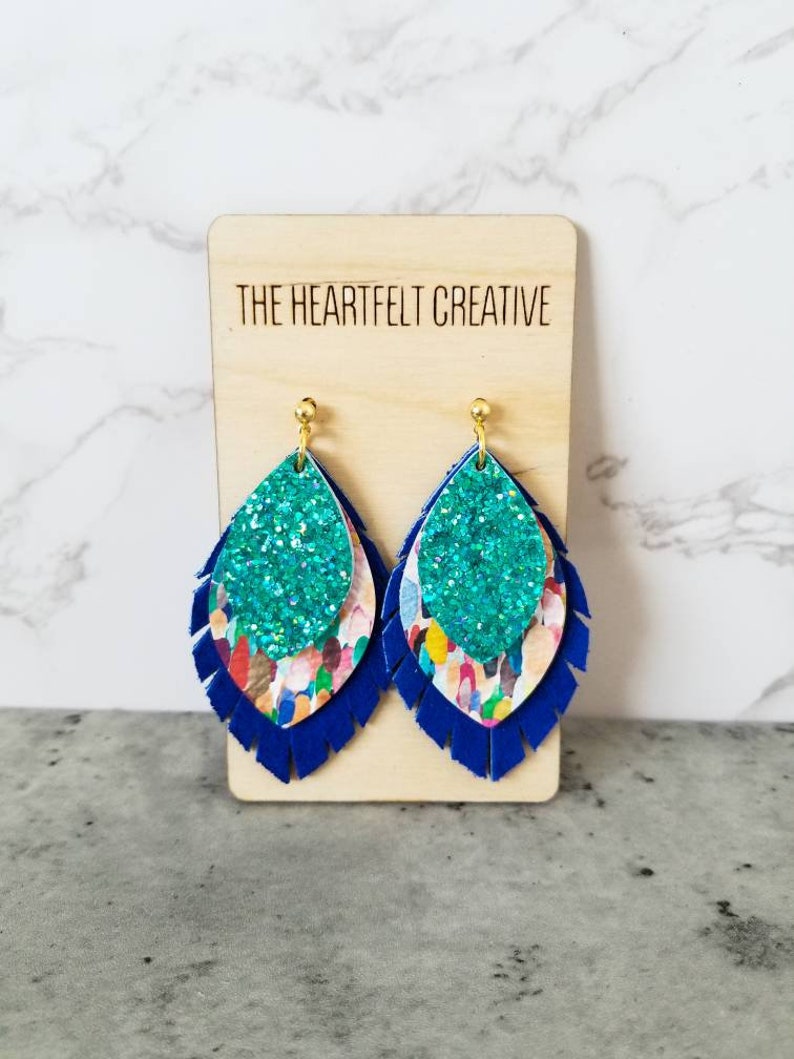 Boho Leather Earrings Confetti Layered Leather and Cork Leaf Petal Earrings Stacked Leather Earrings Modern Leather Earrings