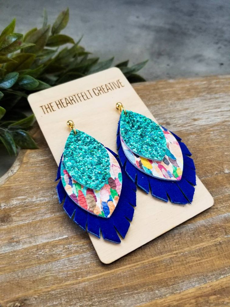 Boho Leather Earrings Confetti Layered Leather and Cork Leaf Petal Earrings Stacked Leather Earrings Modern Leather Earrings