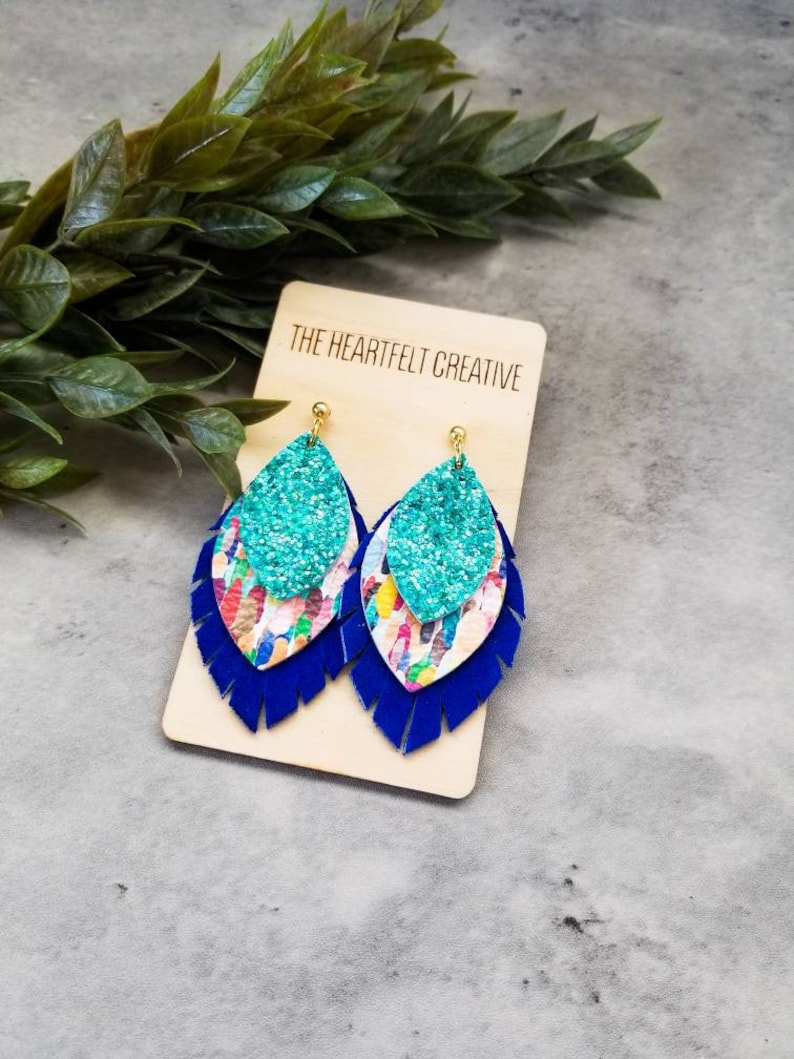 Boho Leather Earrings Confetti Layered Leather and Cork Leaf Petal Earrings Stacked Leather Earrings Modern Leather Earrings