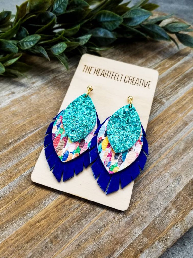 Boho Leather Earrings Confetti Layered Leather and Cork Leaf Petal Earrings Stacked Leather Earrings Modern Leather Earrings