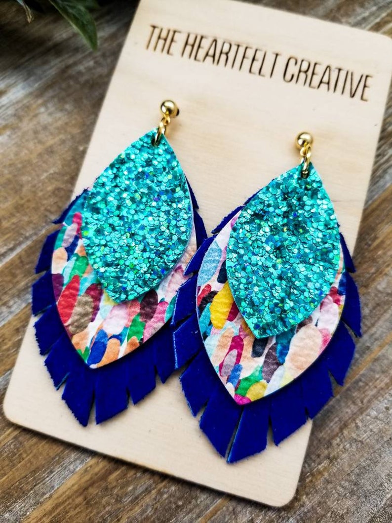 Boho Leather Earrings Confetti Layered Leather and Cork Leaf Petal Earrings Stacked Leather Earrings Modern Leather Earrings
