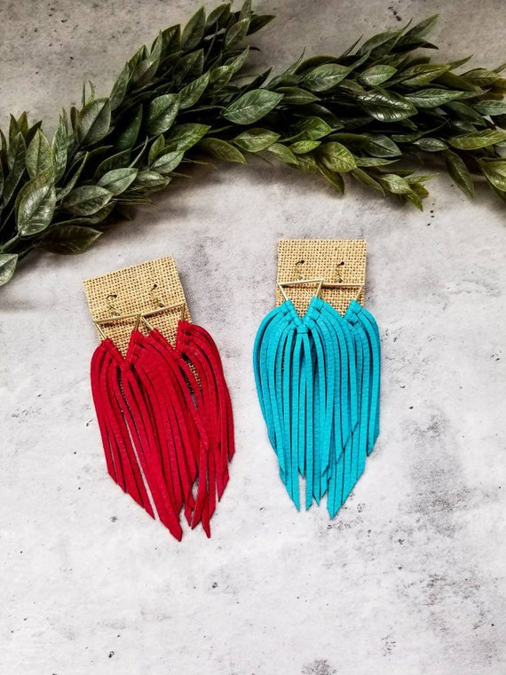 Red or Turquoise Blue Boho Triangle Leather Fringe Earrings | Etsy