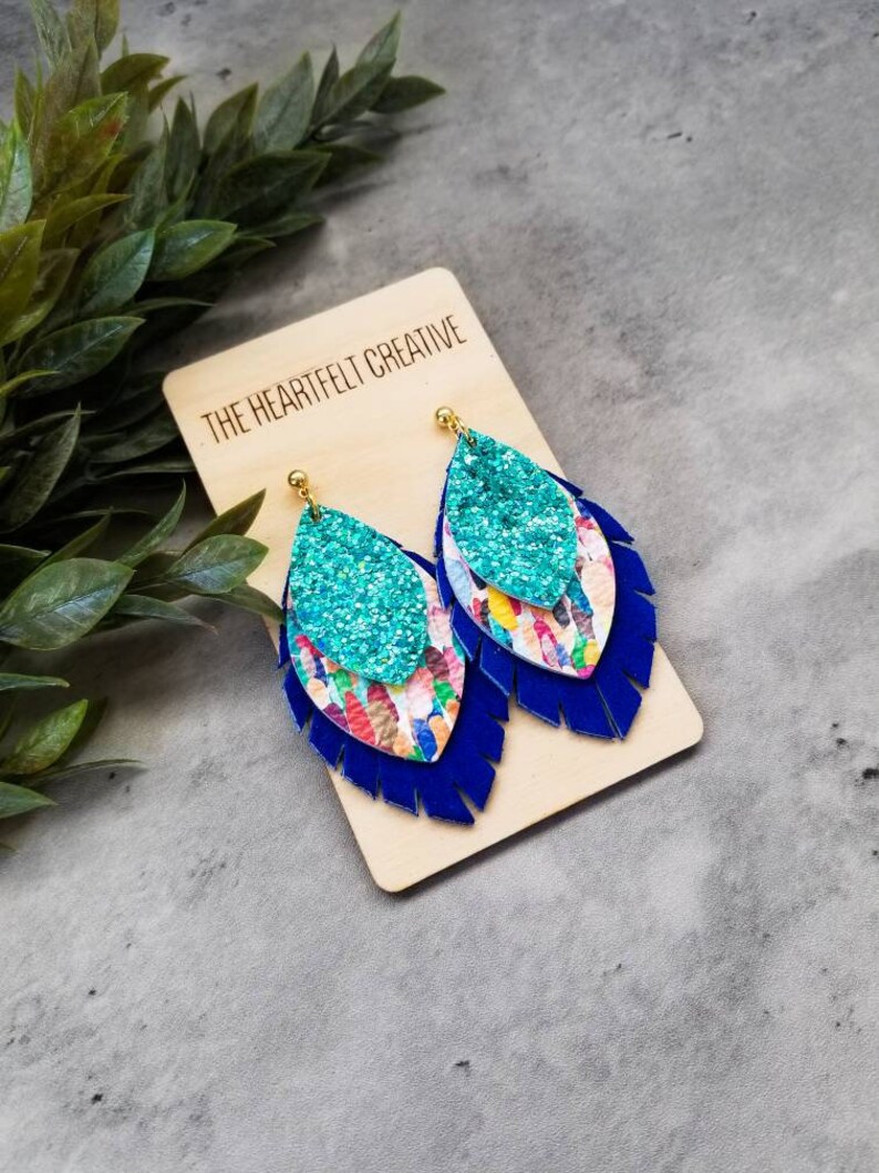 Boho Leather Earrings Confetti Layered Leather and Cork Leaf Petal Earrings Stacked Leather Earrings Modern Leather Earrings