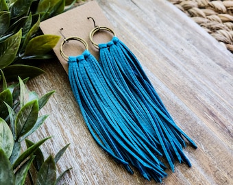 Slender Turquoise Blue Leather Fringe Boho Earrings, Fringe Leather Earrings, Fringe Boho Earrings, Hoop Earrings