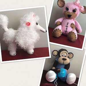 Crochet Poodle, Monkey, Bear,Crochet patterns, three crochet patterns, 3 amigurumi patterns, Bianca (poodle), Rosa (bear) & Chester (monkey)