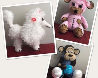 Crochet Poodle, Monkey, Bear,Crochet patterns, three crochet patterns, 3 amigurumi patterns, Bianca (poodle), Rosa (bear) & Chester (monkey)