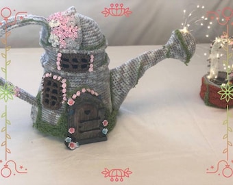 Fairy House Watering can crochet pattern, Fairy House Watering can and well with led lights, crochet pattern fairy house watering can