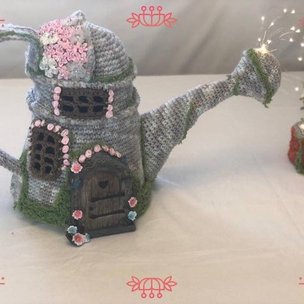 Fairy House Watering can crochet pattern, Fairy House Watering can and well with led lights, crochet pattern fairy house watering can