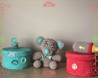 Nursery storage basket and teddy bear, crochet nursery basket, nursery basket pattern, baby shower gift pattern, nursery crochet basket