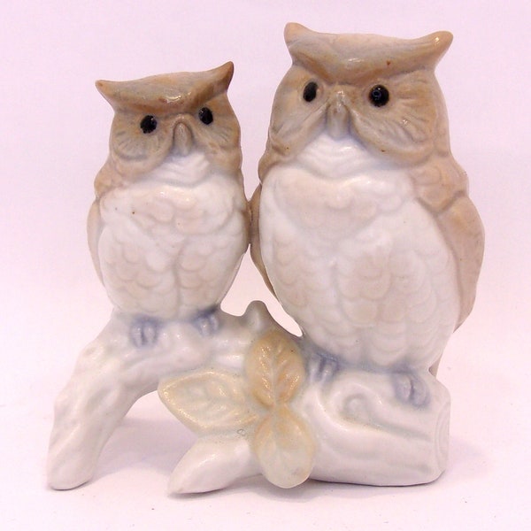 Otagiri Porcelain Figurine - Owls Sitting on Tree Branch - HTF Vintage Whimsy Nature Decor