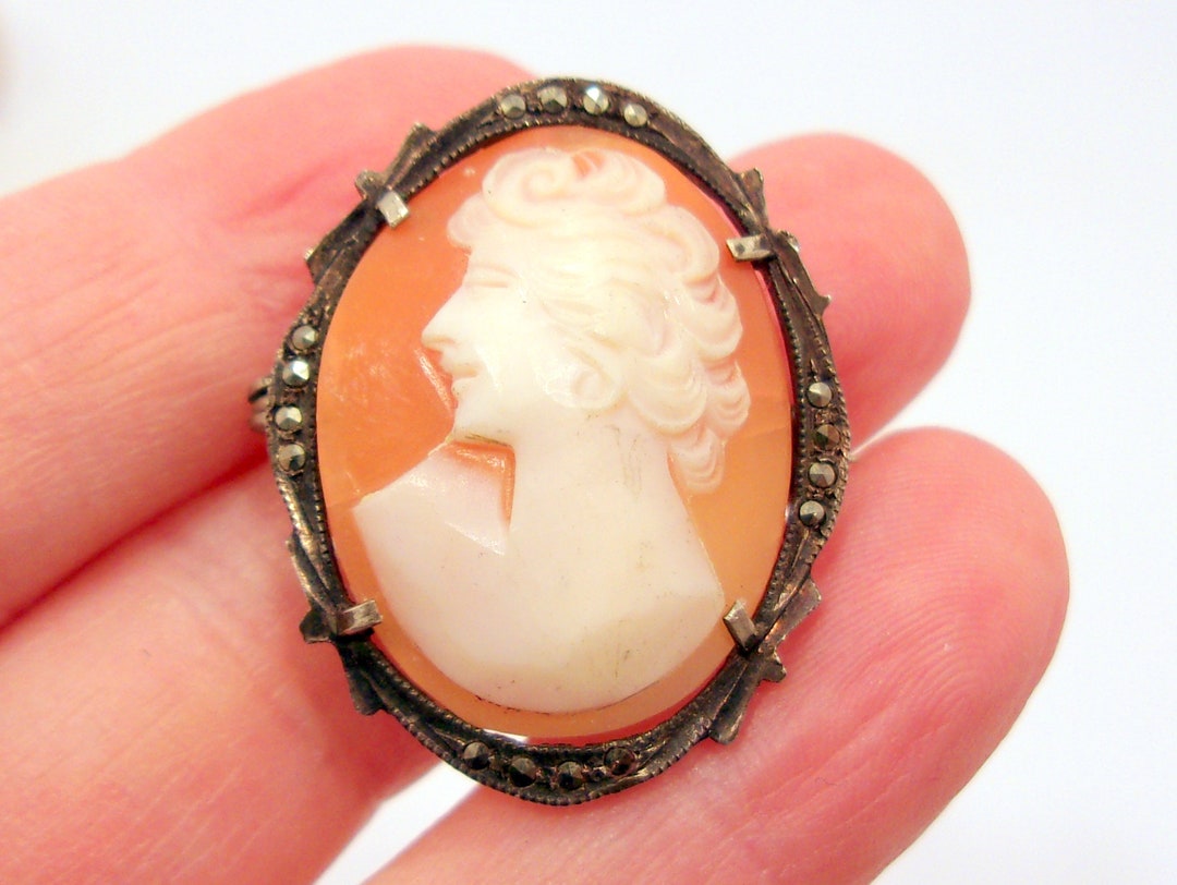 Antique Carved Shell Cameo Brooch or Pendant 800 Silver and Marcasite ...