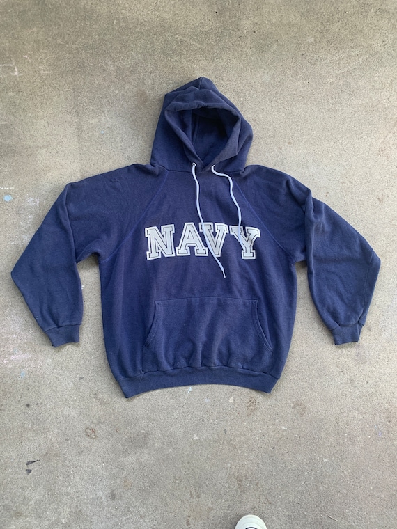 Vintage 1980s Navy Blue Hoodie Distressed Hanes XL