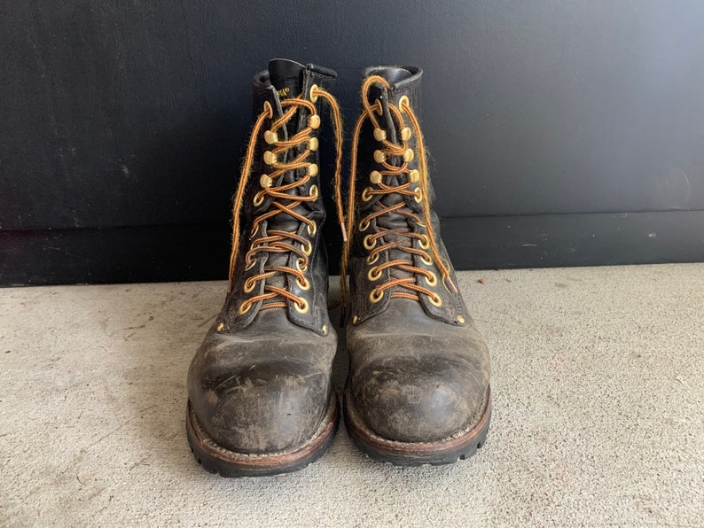 Vintage 1980s Carolina Steel Toe Boots 8 2E Black Leather Motorcycle Logger Engineer Work