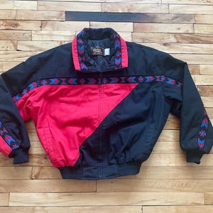 Vintage 1980s 1990s David James Canvas Abstract XL Black Red Jacket Coat Navajo Print made in USA Zip Up Hipster Multicolor Rare Fashion