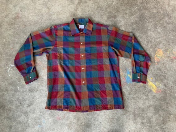 Vintage 1950s 1960s Brent Button Down Oxford Shirt Shadow Plaid 