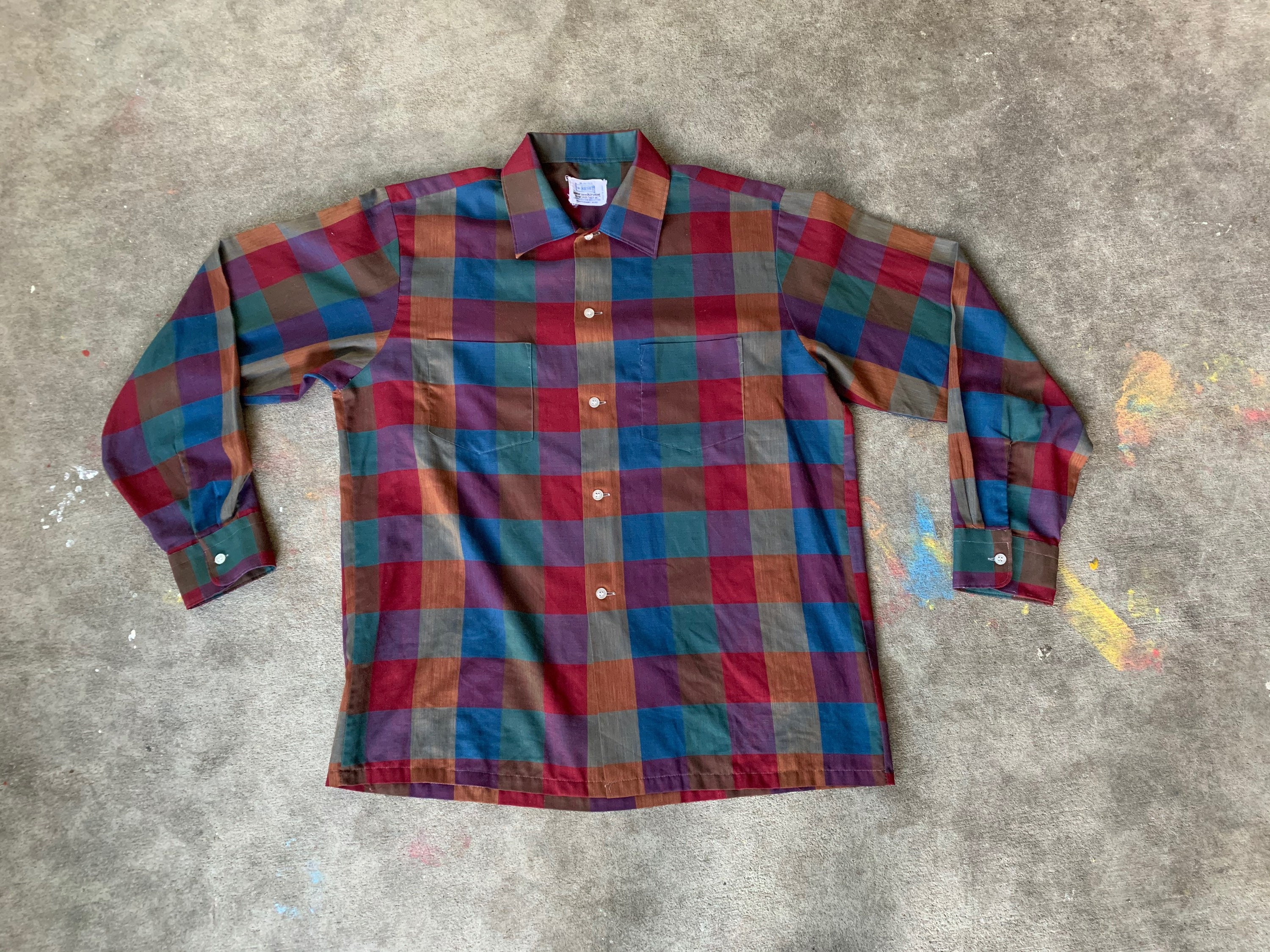 Vintage 1950s 1960s Brent Button Down Oxford Shirt Shadow Plaid Checkered Pockets