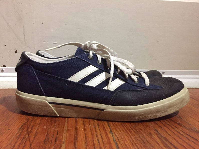 Vintage 1990s Adidas Canvas Sneakers Navy Blue Mens 9 Tennis Walking 3 Stripes Vintage 1990s Adidas Canvas Sneakers Navy Blue Mens 9 Tennis Walking 3 Stripes