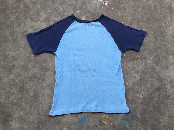Vintage 1970s Ribbed T Shirt Baby Blue Navy Blue S