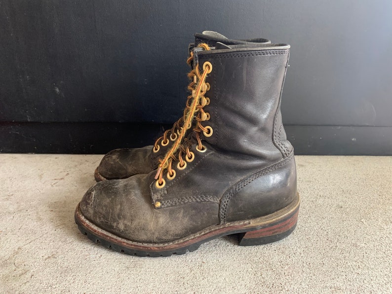 Vintage 1980s Carolina Steel Toe Boots 8 2E Black Leather Motorcycle Logger Engineer Work